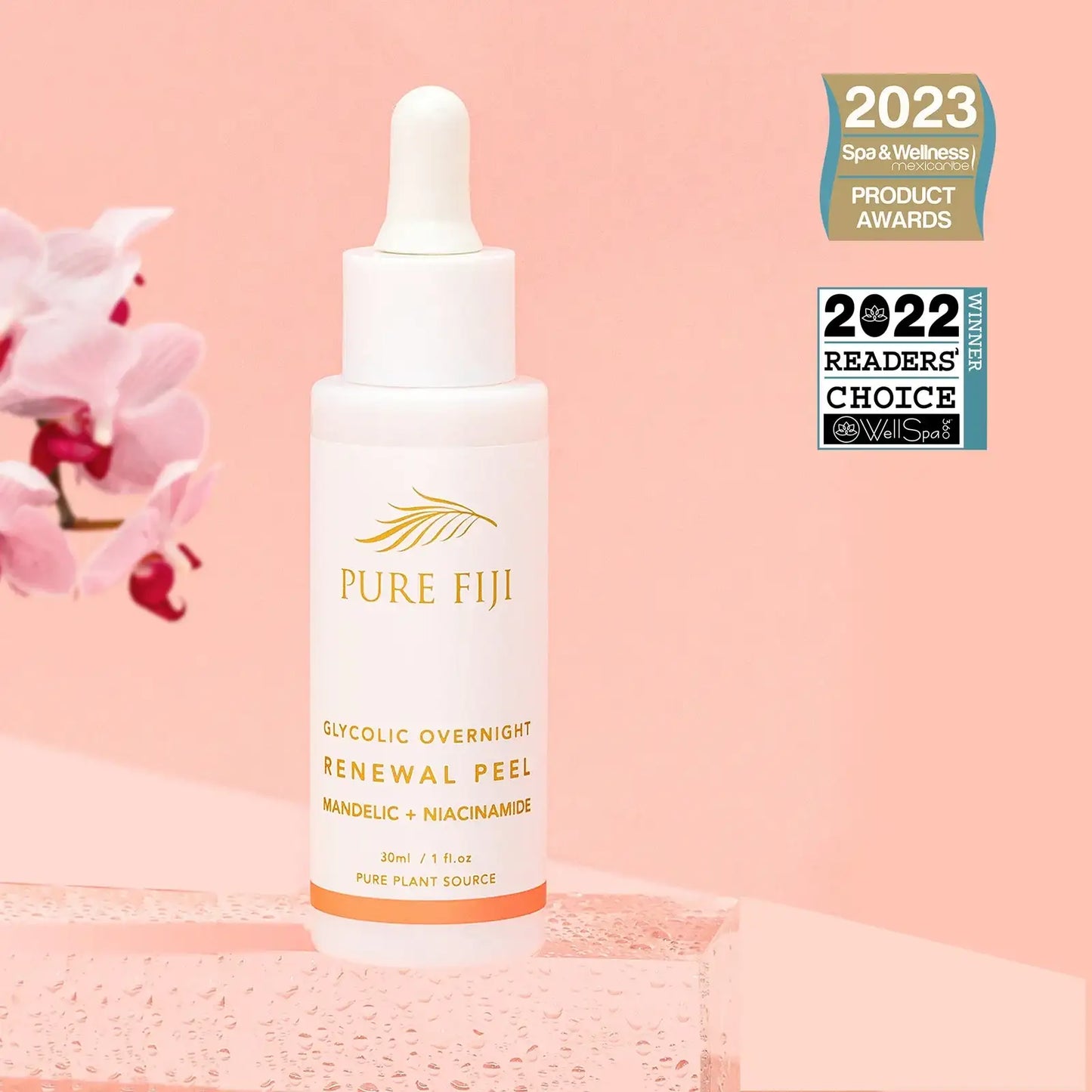 White skincare bottle with 'PURE FIJI' branding
