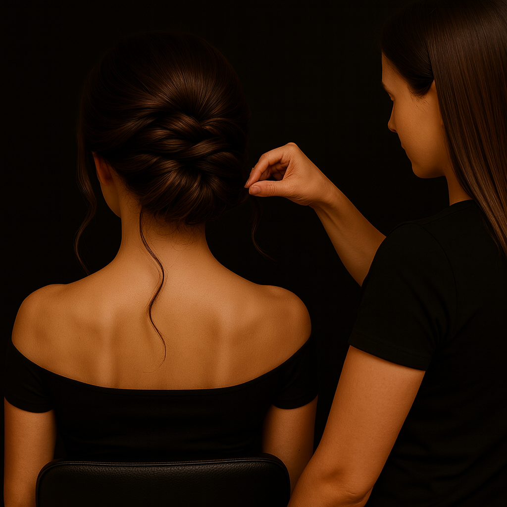 Professional hairstylist styling a woman's hair in an elegant updo